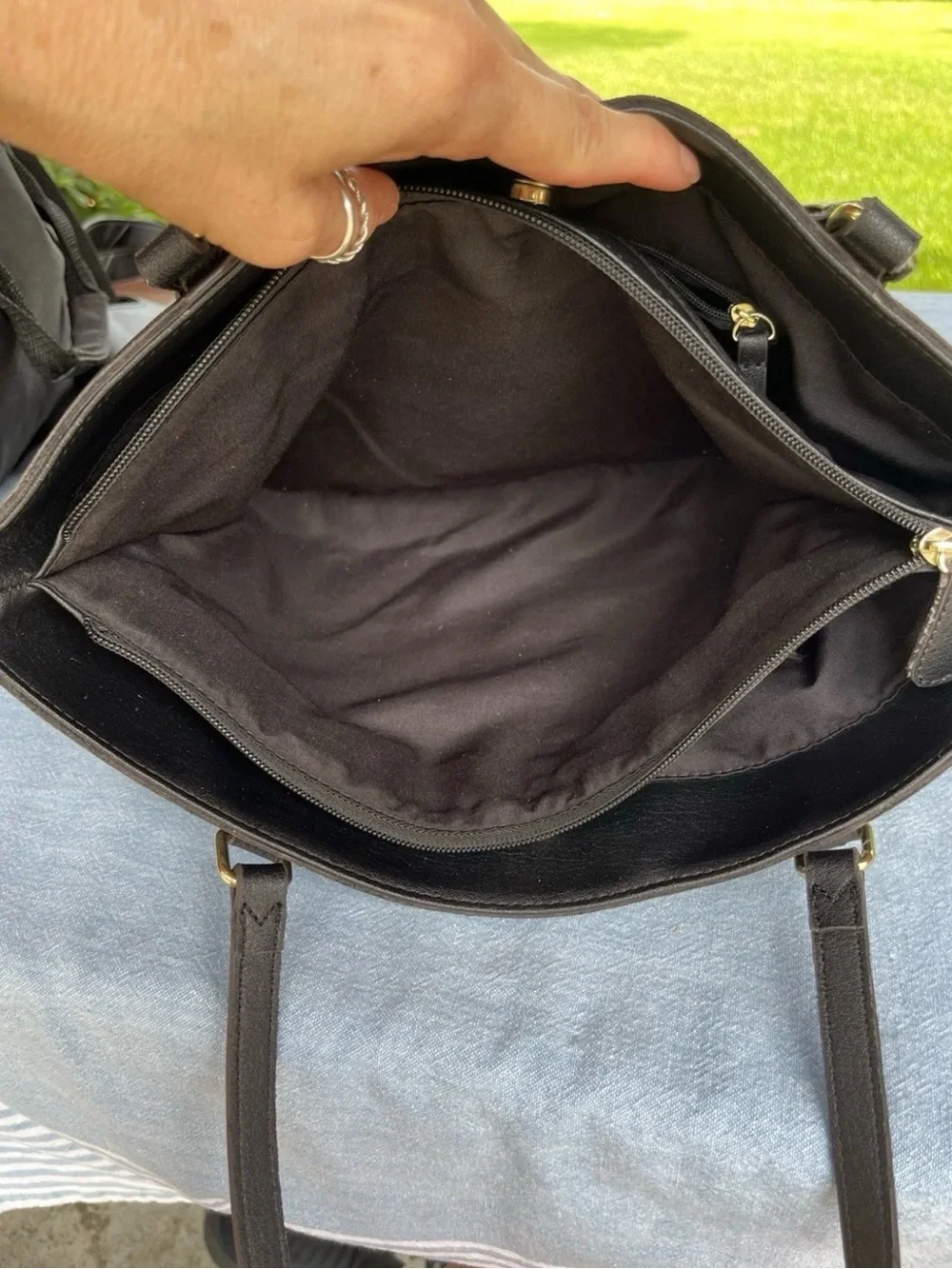 Liz Claiborne “Jessica” Black Leather Shoulder Tote with Gold Hardware